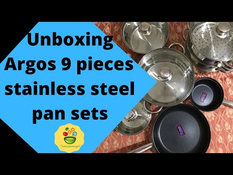 Argos 9 pieces stainless steel pan sets unboxing