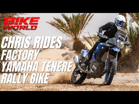 Flat out in the desert! Chris rides a factory Yamaha Ténéré Rally bike with Pol Tarrés.