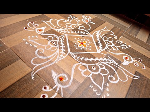 peacock rangoli /5*1 dots rangoli / easy rangoli / indu thoughts /beutiful peacock rangoli