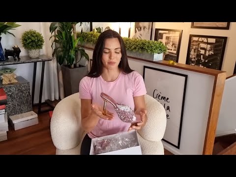 Amanda Unboxes Pink Rhinestone 4 Inch Single Sole Slide On High Heel Shoes With Gold Chrome Heel