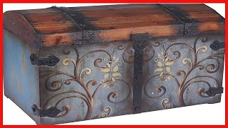 Household Essentials Vintage Wood Storage Trunk, Large, Blue Body/Brown Lid/Floral Design