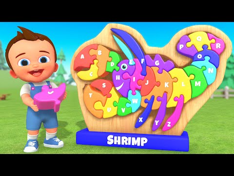 Learning Alphabets with Shrimp Wooden Puzzle Toy | Alphabets For Kids 3D Edu | ABC Songs Toddlers