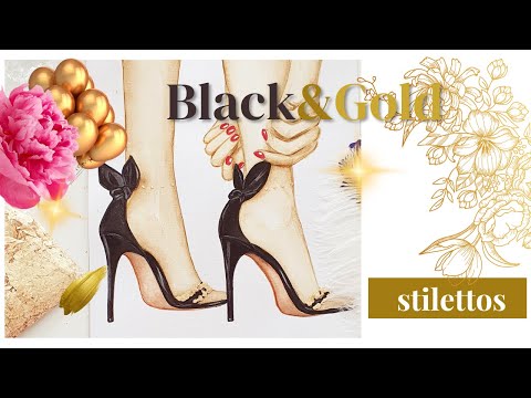 Part 2. Painting Black and Gold Stilettos #shoedesign #fashionillustrationtutorial