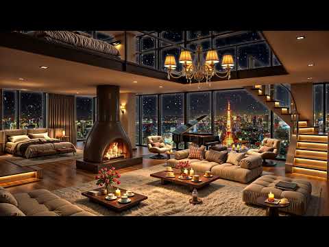 Tokyo Night Jazz ❄ Luxury Apartment Ambience with Ethereal Jazz Saxophone Music & Fireplace Sounds