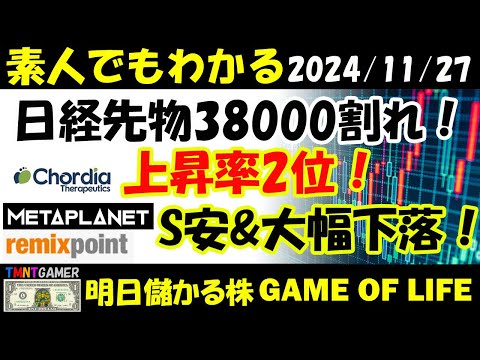 【明日のテンバガー株・高配当株】日経先物38000割れ！Chordia Therapeutics！大幅上昇！上昇率2位！リミックスポイント・！メタプラネット！S安＆大幅下落！【20241127】