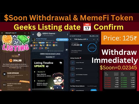 MemeFi Token Withdrawal & Soon Token Allocation 🔥 Ton Station ⛽ LISTING DATE CONFIRM 🔥 Geeks Listing