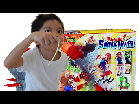 Super Mario Blow Up Shaky Tower Game! Let's play with Kiwi and the kids