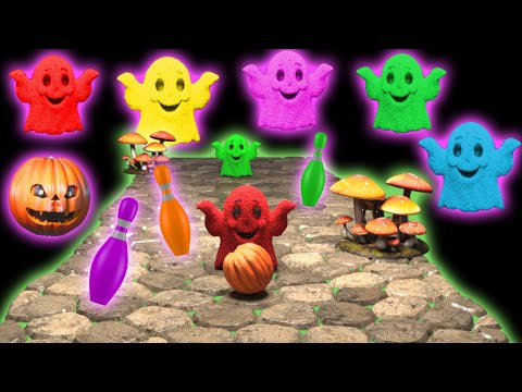 🎃 Pumpkin Bowling SMASHES Kinetic Sand Ghosts, & Animals! 👻 Learn Colors 🎨 #halloween Fun for Kids