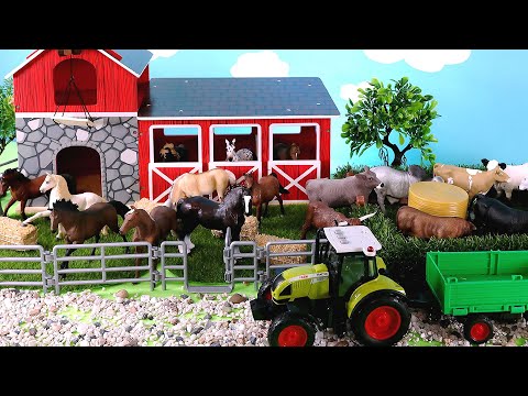 Red Barn Country Farm Scenery with Different Cattle and Horses  Animal Figurines