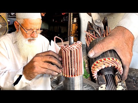 Hard Working Old Man Rewinding Of Truck Starter Motor Armature |