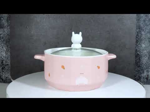 Ceramic Pink Rabbit With Carrots 30oz Noodle Dessert Food Bowl W/ Glass Lid