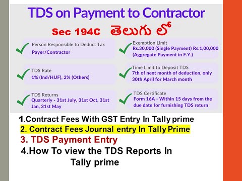 TDS on contract fees entry With GST in Tally prime? TDS Payment entry ? sec 194C , TDS Rate, limit