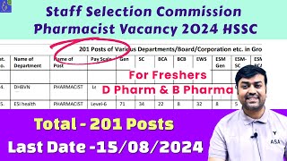 Pharmacist Vacancy 2024 || Pharmacist Recruitment at HSSC Total 201 Posts Last Date 15/08/2024