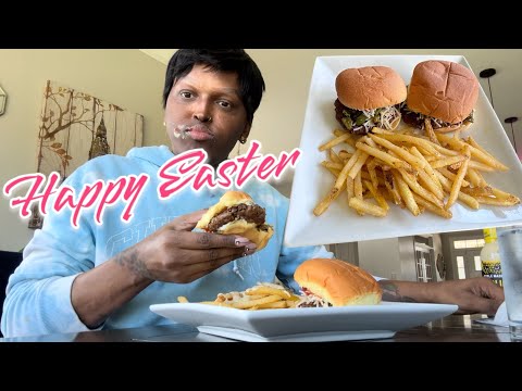 Happy Easter, Sunday, burgers and fries vegan