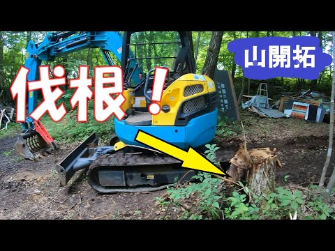 【山開拓】ミニユンボで山小屋の切り株を伐根をしてみた！