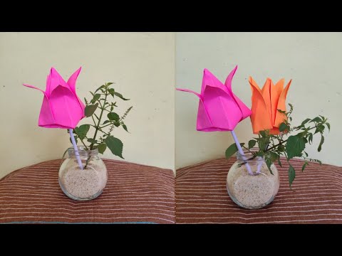 How to make easy and beautiful lotus flower with paper | Flower vase decoration ideas with paper