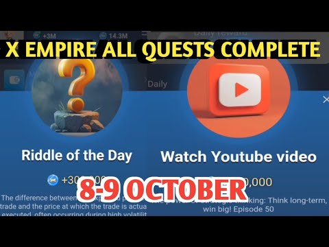 8-9 OCTOBER ALL QUESTS CODE X EMPIRE | YOUTUBE VIDEO CODE | RIDDLE OF THE DAY