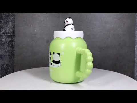 Acrobatic Green Panda Bears Green Mug With Anime Panda Figurine Handle Lid