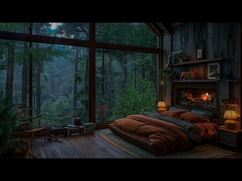 Sleep In Forest Bedroom: Fire Sound and Rain On Window Sound | Sleeping, Relaxing, Healing