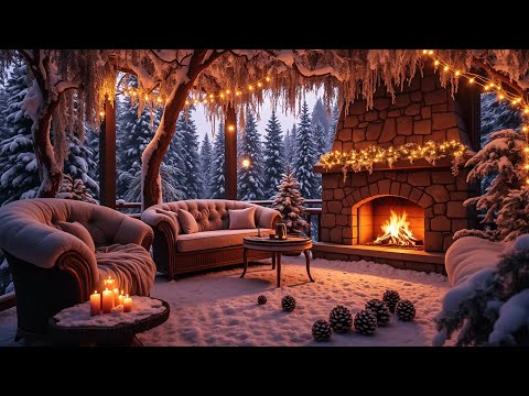 Cozy Winter Porch Escape 🎁 Christmas Jazz, Fireplace Sounds and Gentle Snowfall