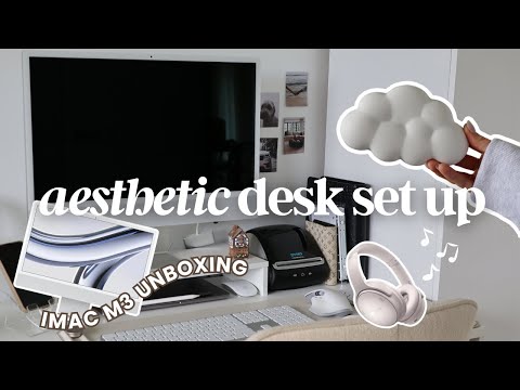 Work From Home Desk Setup 2024 🖥️🎧 | iMac M3 unboxing, organisation hacks & the CUTEST decor ☁️✨