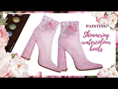 Painting translucent pink boots with shimmering watercolours, painting tutorial