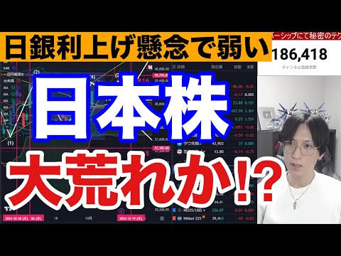 12/16【日本株波乱来るか】ドル円上昇で日銀利上げ不安→日経平均下落。7月高値銘柄、半導体株等弱い。レーザーテック下落。米国株、ナスダック、仮想通貨ビットコイン最高値推移。