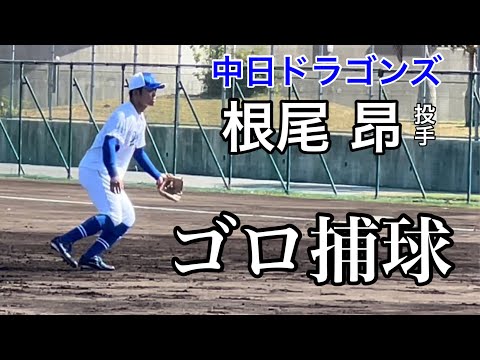 ゴロ捕球の練習をする根尾昂