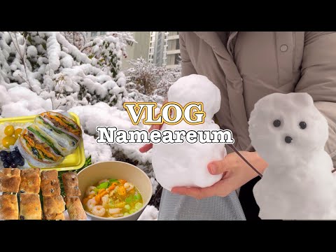 Making Ciabatta and Watching the First Snow/Gambas / Ciabatta Sandwich Korean Lunchbox Vlog/