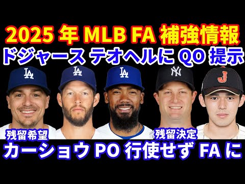 2025年MLB FA補強情報‼️ ドジャース テオヘルにQO提示 カーショウ オプション行使せず一度FAに スネルとドジャースの噂‼️ 佐々木朗希 今オフ メジャー挑戦はどうなる⁉️ コール 残留