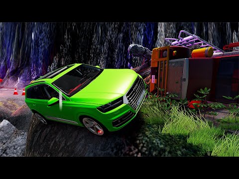 Cars VS  DANGEROUS CLİFF #9 Rainy Slippery Road - Don't Stop - BeamNG Drive