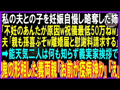 【スカッと話】夫との子を妊娠した姉に略奪され「不妊のお前原因w祝儀最低50万」不倫夫「孫喜ぶぞw離婚届と慰謝料請求だ」➡能天気二人が義実家挨拶で…鬼の形相した義両親「お前が疫病神か」姉「え」