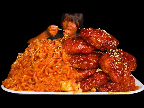 ASMR SPICY CHICKEN WINGS  & SPICY NOODLES DUMPLINGS  MUKBANG (Talking) |Sticky Eating Sounds