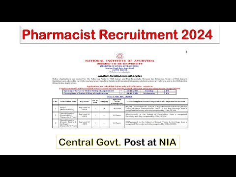 CENTRAL GOVT. PHARMACY VACANCY 2024 I PHARMACIST RECRUITMENT AT NATIONAL INSTITUTE OF AYURVEDA