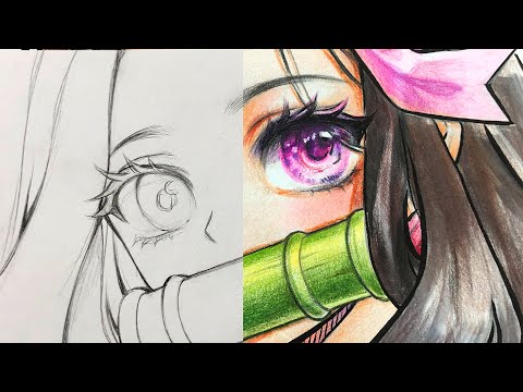 Drawing Nezuko's Eyes with Colored Pencils #shorts #kimetsunoyaiba #hutachan