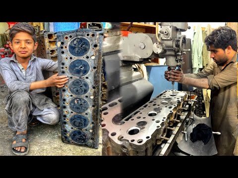 Rebuilding Cracked 6 Cylinder Head  With Pinning Technique || How to repair Truck Cylinder Head||