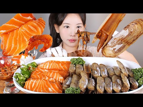 생조개장은 처음인 걸?😲 맛조개장 연어장 민물새우무침 먹방  soy sauce marinated clams & salmon mukbang korean food