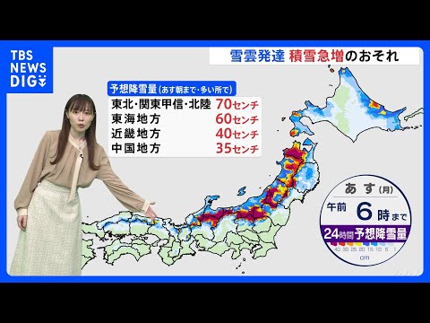 【予想降雪量】東北・関東甲信・北陸は70cm 東海地方は60cm 近畿地方は40cm 中国地方は35cm【予報士解説】｜TBS NEWS DIG