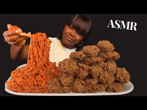 ASMR CRUNCHY CHICKEN WINGS  & CREAMY SPICY NOODLES MUKBANG (NO Talking) |Sticky Eating Sounds