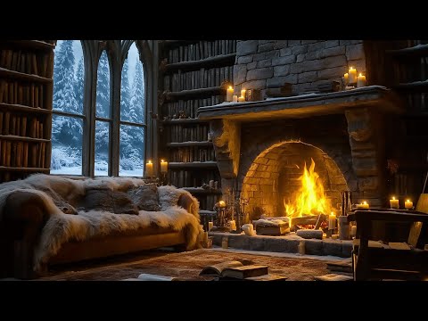 Hello Winter ⛄ Cozy Cabin Space with Fireplace Sounds, Blizzard & Jazz Music to Relax 🔥