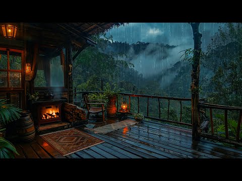 The Best Way To Sleep Instantly: Listen To Rain, Thunder Sound, Crackling Fire⚡Cozy Balcony In Rain