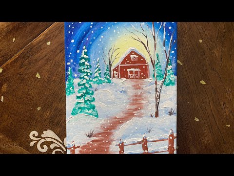 Step-by-Step Snowscape: Painting a Cozy Winter Barn Scene on Canvas / Paint with me! (#24)