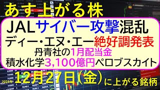 あす上がる株　2024年１２月２７日（金）に上がる銘柄。JALサイバー攻撃。ディーエヌエー絶好調。積水化学3,100億円ペロブスカイト。丹青社配当。～最新の日本株情報。高配当株の株価やデイトレ情報～