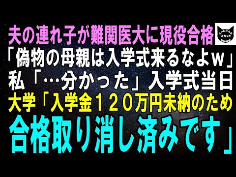 【スカッとする話】夫の連れ子が難関医大に現役合格！連れ子「偽物の母親は入学式来るなよｗ」私「…分かった」入学式当日、大学「入学金120万円未納のため合格取り消しです」「え？」【修羅場】