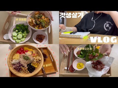 VLOG🥒🥗갓생살기 일주일만에 수액맞는 자취일상, 마켓컬리 언박싱, 훈제오리쌈, 비빔밥, 샐러드, 감자수제비, 김치어묵국수, 로제떡볶이, 자취요리