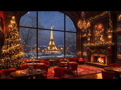 Peaceful Snowy Night at Paris Coffee Shop Ambience 🎄 Christmas Jazz & Warm Crackling Fireplace Sound