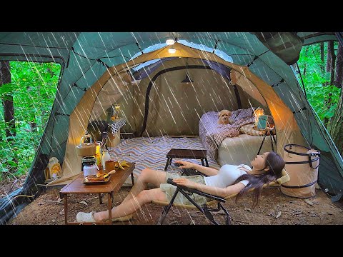 ☔️Solo camping in the rain mountains | assorted pancakes and makgeolli | Retro game