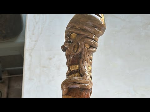 23k gold￼ wood carved skull ￼walking stick