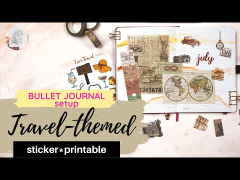 travel themed bullet journal| bujo setup July 2022| PLAN WITH ME| travel+ beach stickers & printable