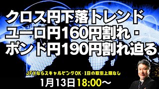 【JFX】1/13 クロス円下落トレンドでユーロ円160円割れ・ポンド円190円割れ迫る。今晩のドル円は157.00円で買い、156.70でストップ、157.60で利食いイメージで。指値はせず。